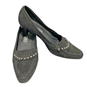 Prevata mid heel pumps black sueded Italian leather kiltie shoes US size 8B